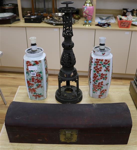 A Chinese scroll box, a lamp stand and pair of vases lamp stand height 58cm